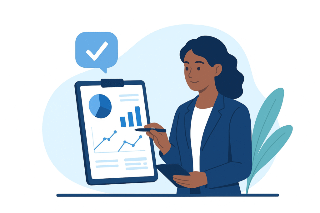 Digital marketing analyst reviewing market research and growth charts on a tablet.