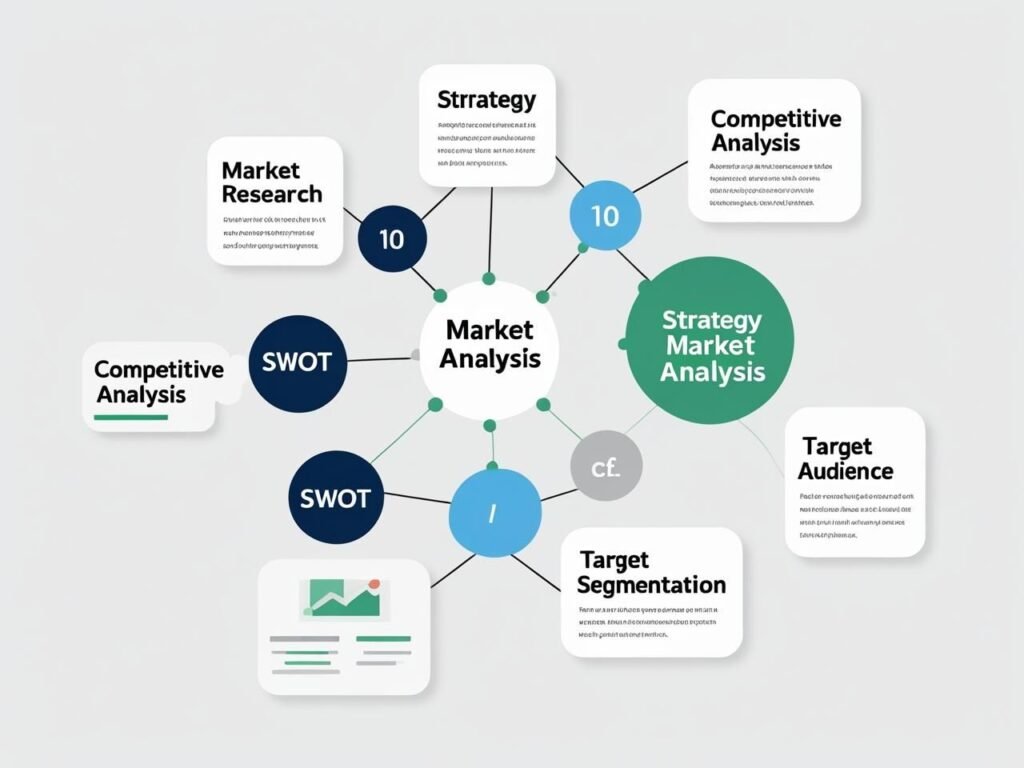 Digital marketing market analysis chart with SWOT, competitive analysis, and target audience strategy.